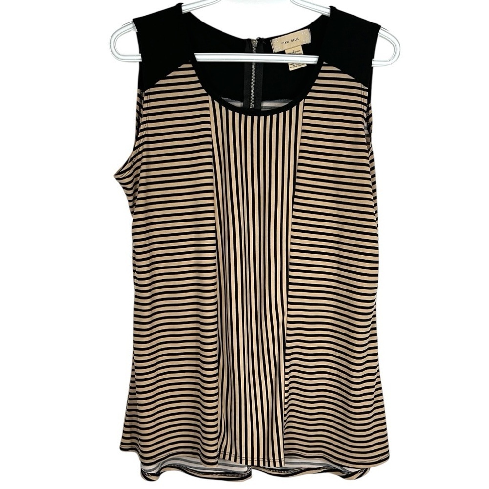Diana Belle Women’s Color Block Black/Tan Striped Top - Sleeveless - Sz. Large
